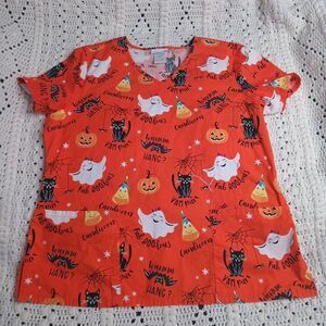 Womens Orange‎ Halloween Ghost Cat Spider Scrub Shirt Size L Healthcare Worker
